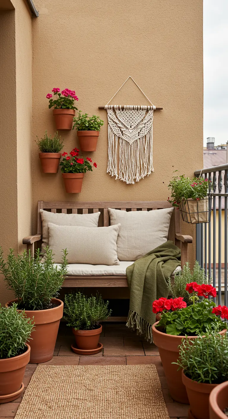 Balkon met houten bank, terracotta potten, olijfgroene en beige textiel en macramé.