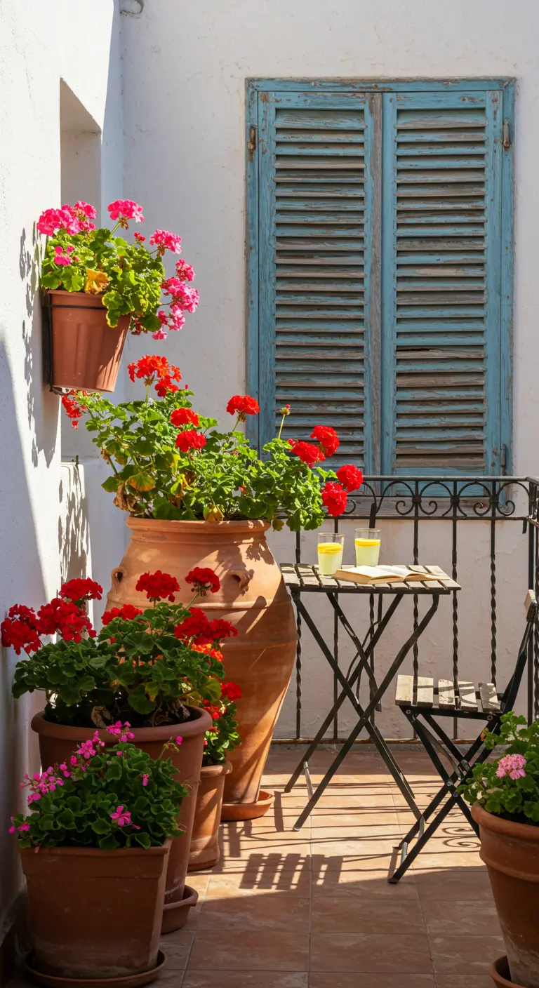 Zonnig balkon met rode geraniums in diverse terracotta potten naast een blauw raamluik.