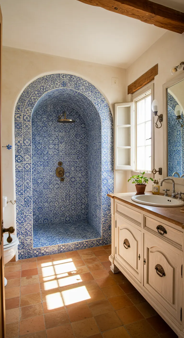 Mediterrane inloopdouche in gebogen nis met blauw-witte patroontegels en terracotta vloer.