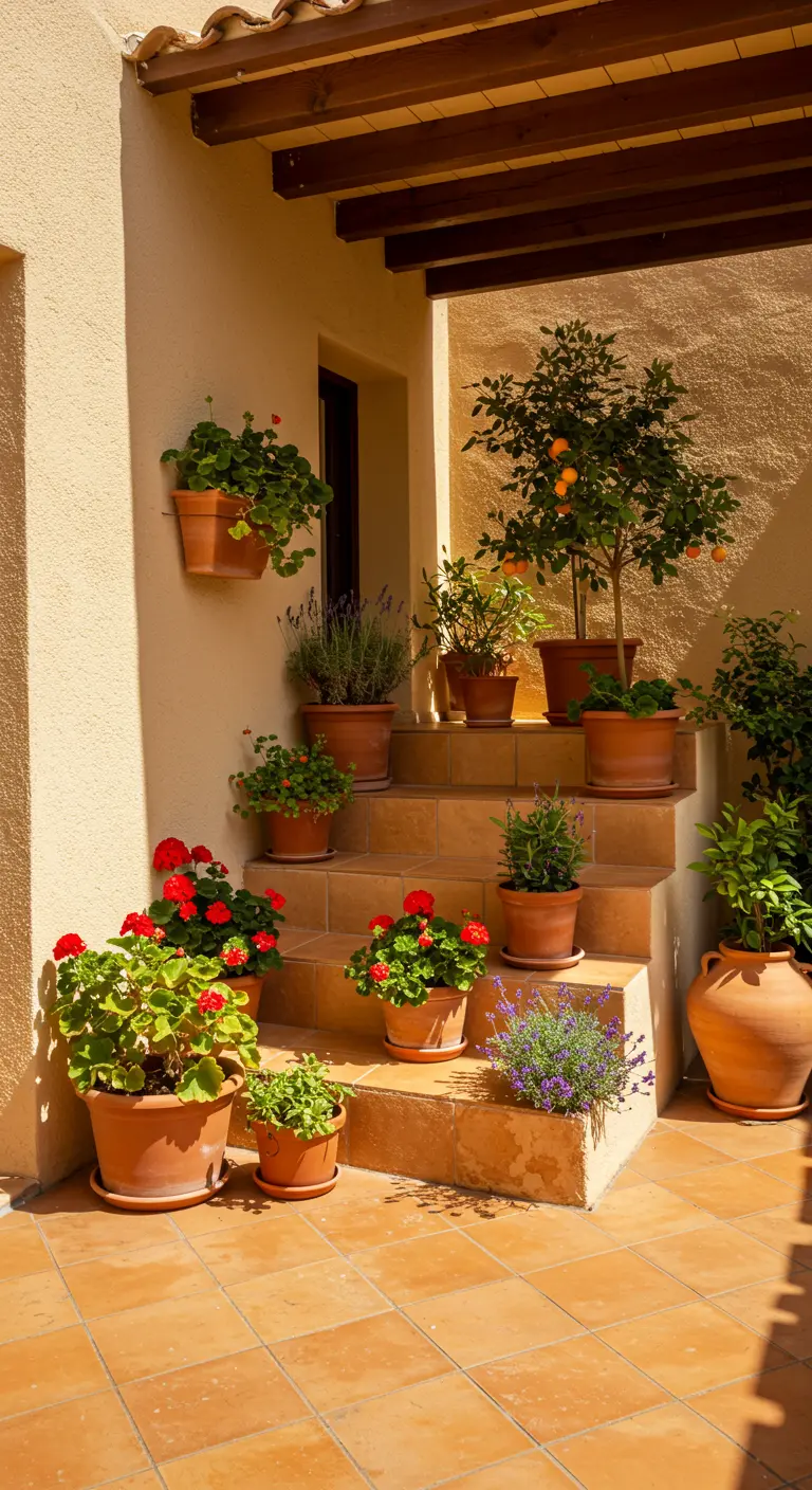 Mediterrane trap met terracotta potten vol rode geraniums, lavendel en een citrusboom.