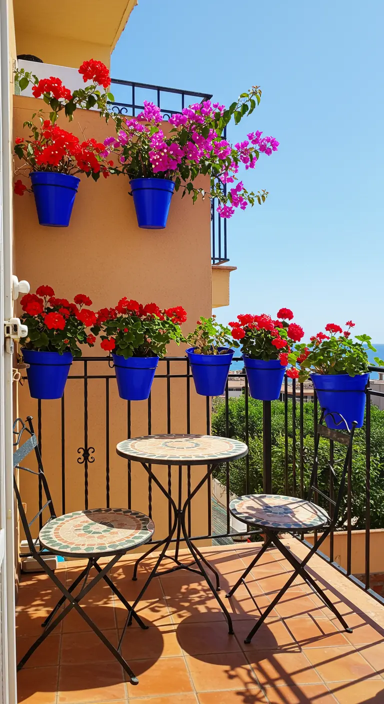 Balkon met felblauwe hangpotten vol rode en roze bloemen, en een bistrosetje.
