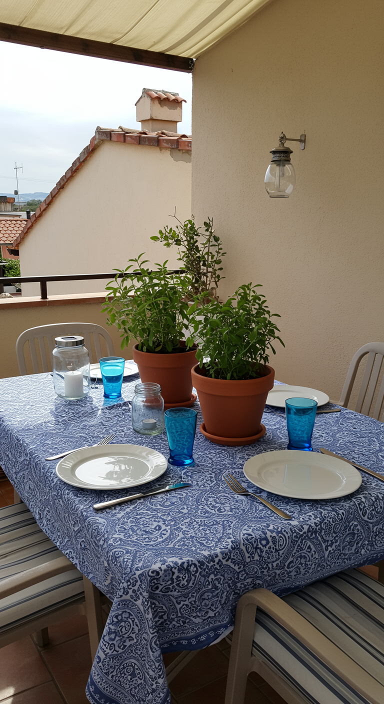 Balkontafel met blauw-wit geblokt tafelkleed, kruiden in potten en blauwe glazen.