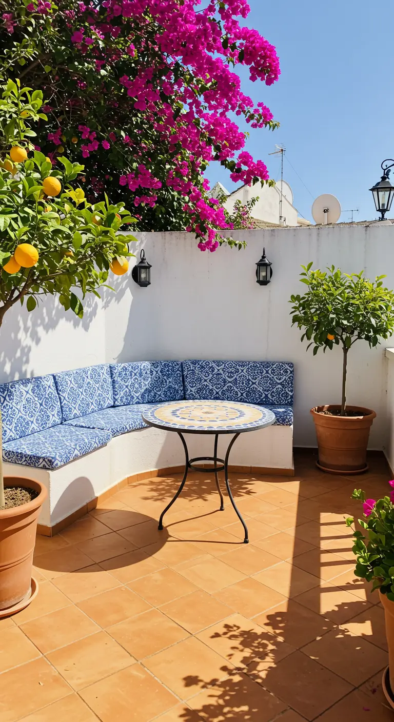 Witte ingebouwde hoekbank met blauw-wit gedessineerde kussens en mozaïektafel, mediterrane stijl.