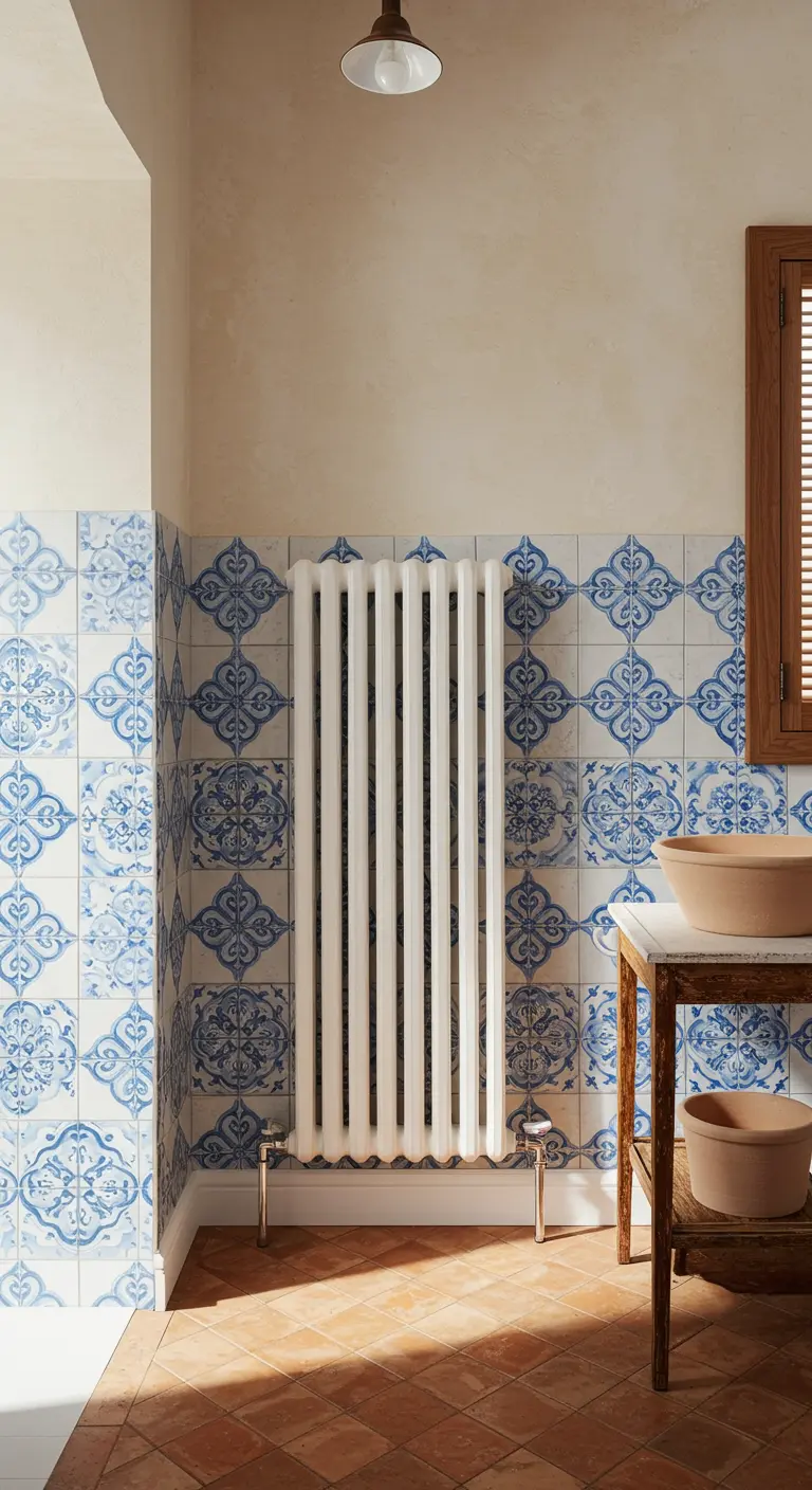 Witte verticale radiator tegen een wand met blauw-witte Portugese tegels in een lichte badkamer.