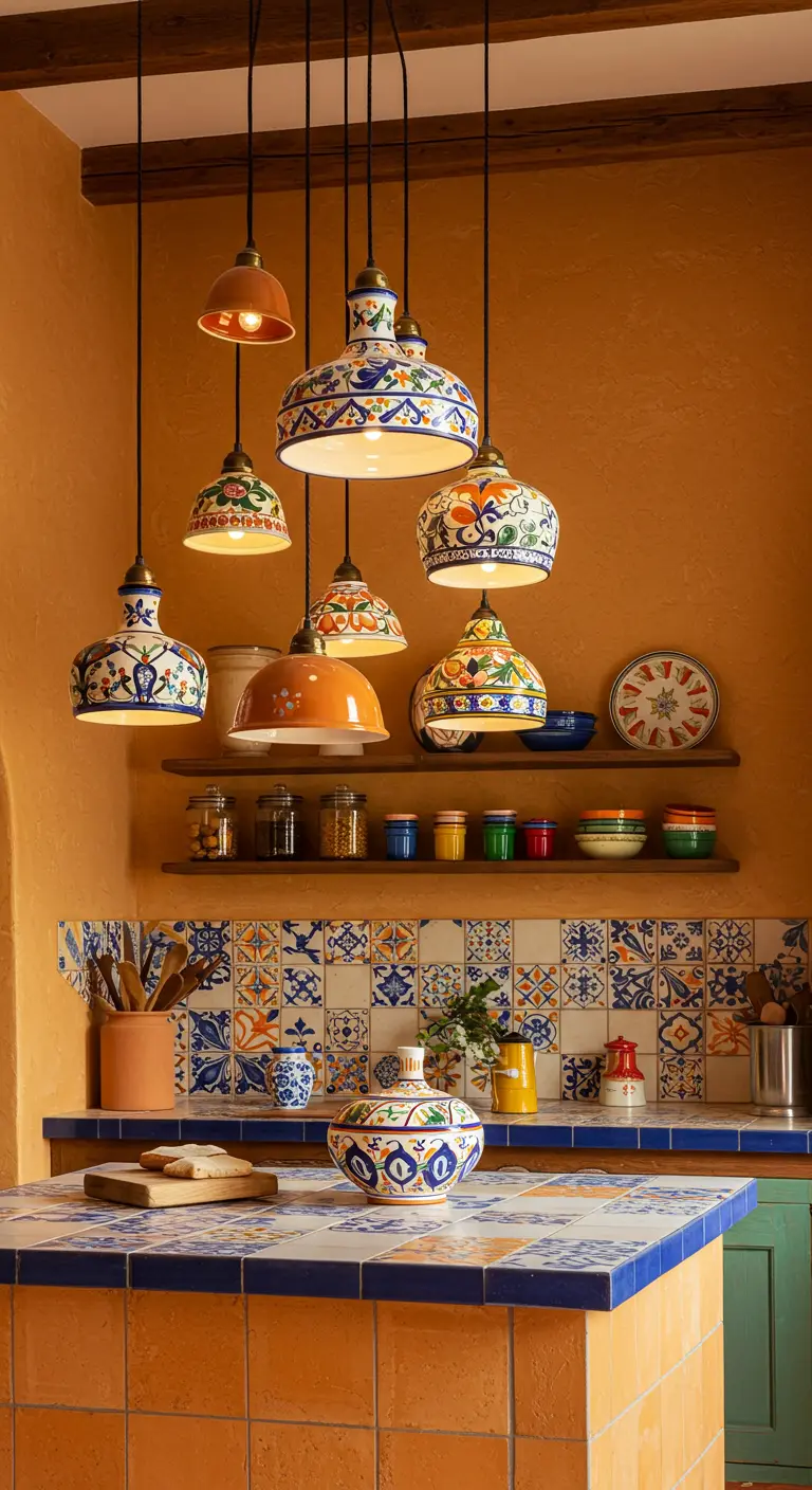 Keuken met diverse kleurrijke, beschilderde keramische hanglampen boven het aanrecht.
