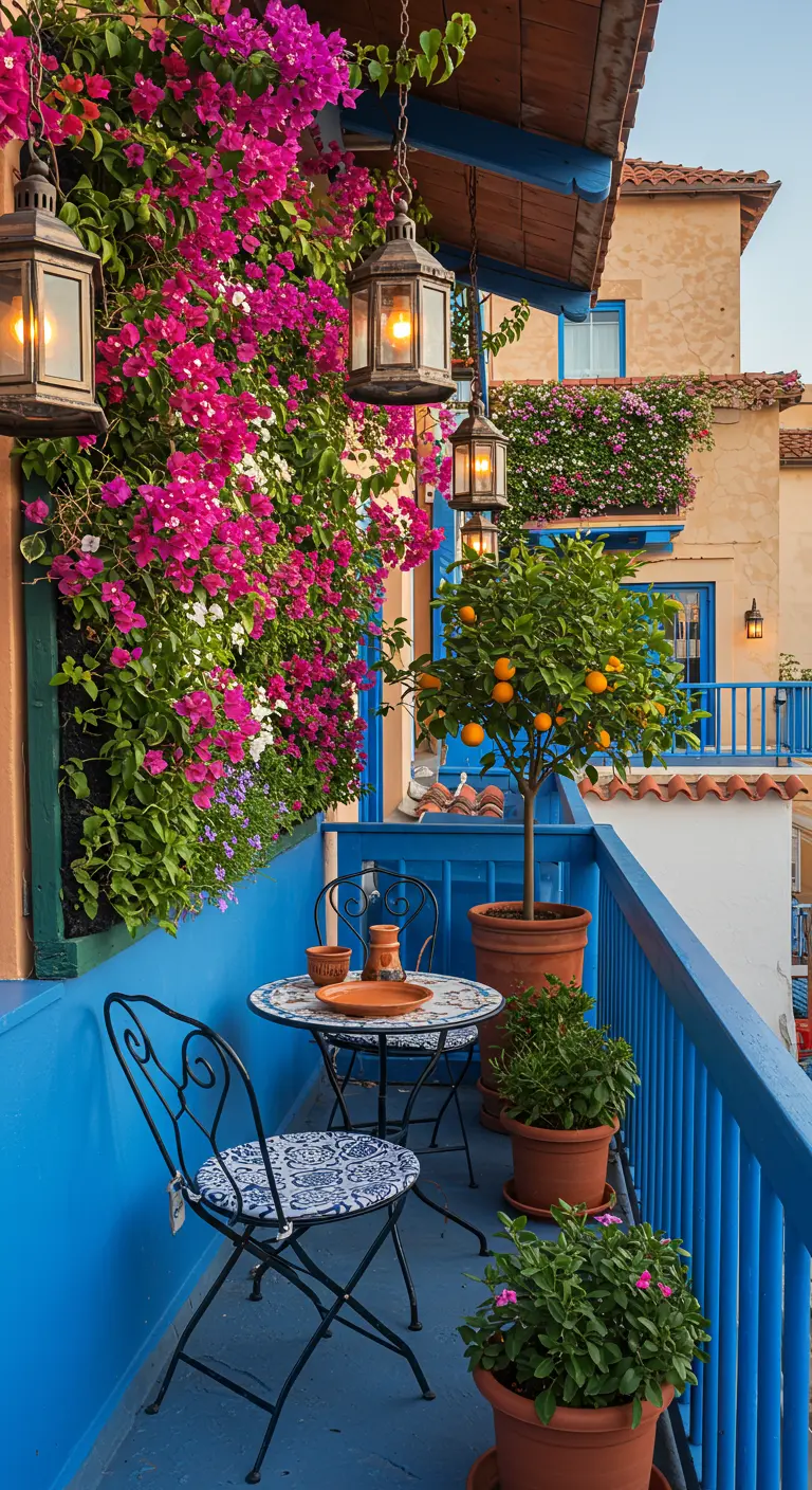Levendig mediterraans balkon met fuchsia bougainvillea, blauwe railing, sinaasappelboom en mozaïek bistroset.