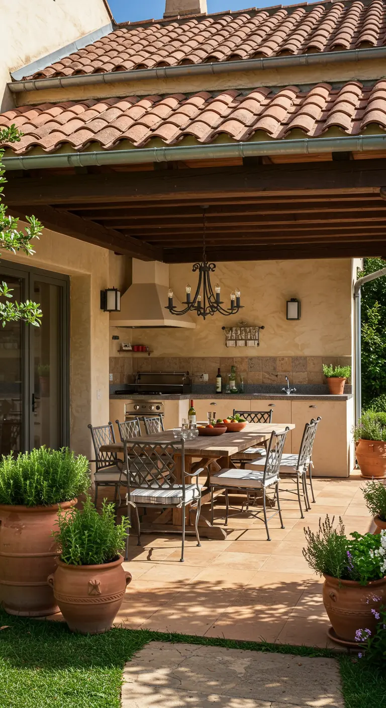 Mediterraanse buitenkeuken met terracotta dak, houten tafel, ijzeren stoelen en veel kruidenpotten.