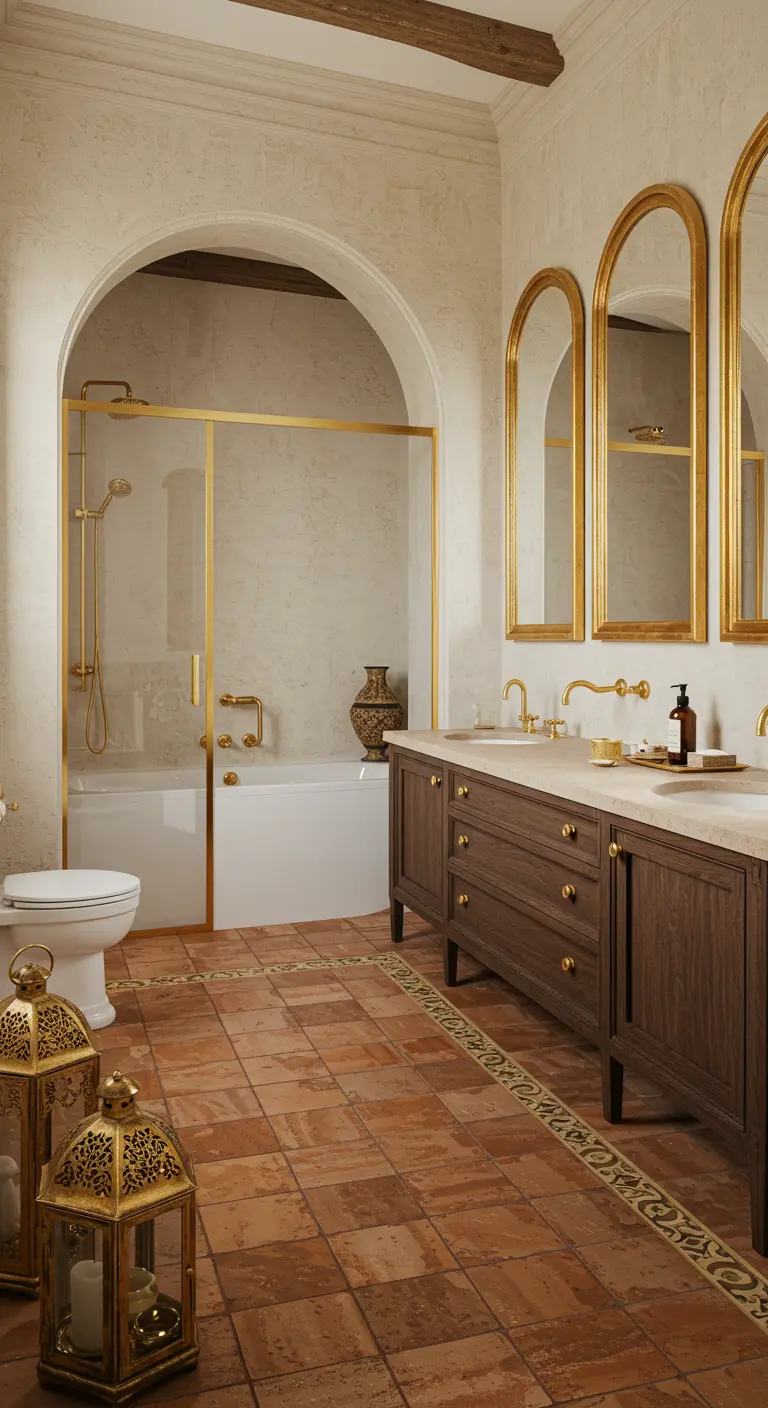 Mediterraanse badkamer met terracotta vloer, gouden boogspiegels en gouden lantaarns.