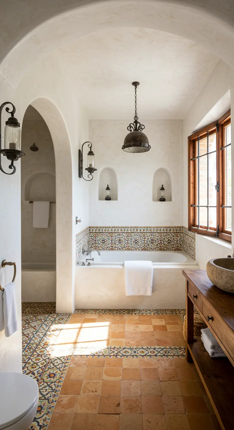 Mediterrane badkamer met witte gewelfde muren, mozaïektegels en terracotta vloer.