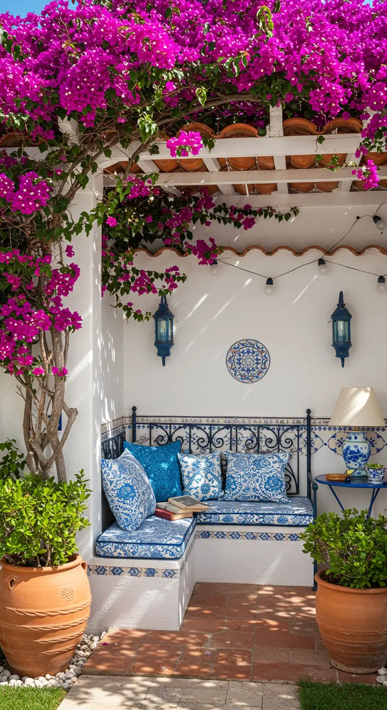 Witte patio met pergola bedekt met fuchsia bougainvillea, blauw-witte tegels en smeedijzeren bank met bijpassende kussens.