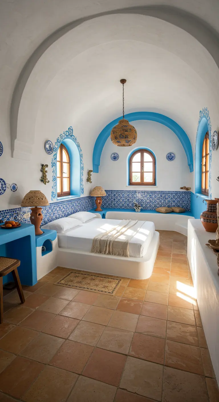 Santorini-geïnspireerde slaapkamer in wit en blauw met ronde architectuur.