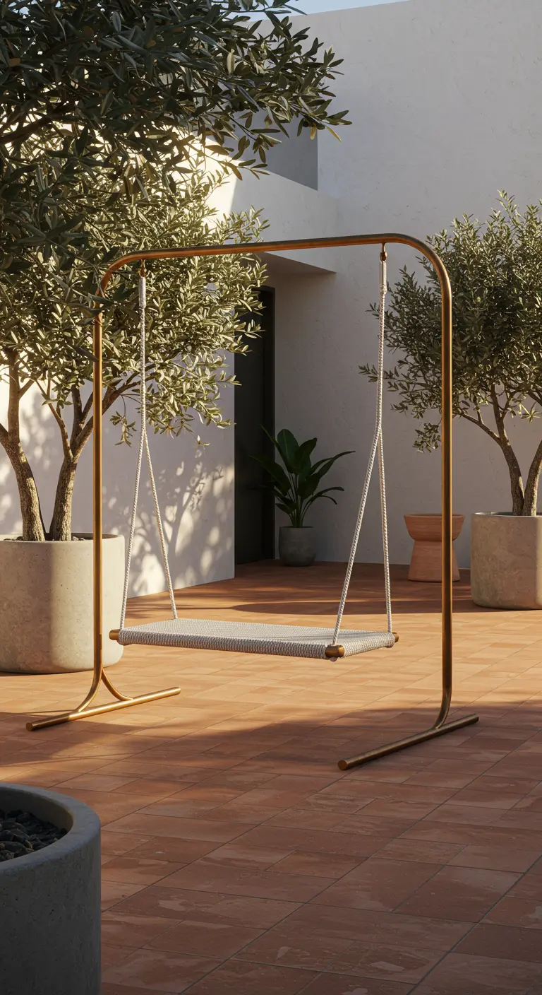 Gouden metalen schommelframe met gevlochten zitting op een terras met terracotta tegels en olijfbomen.