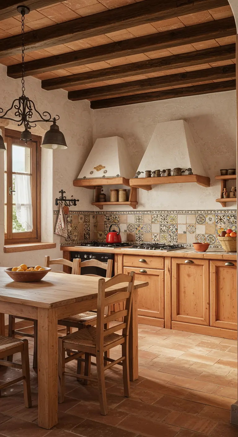 Mediterrane keuken met lichte houten kasten, ruw gestuukte muur en terracotta vloer.