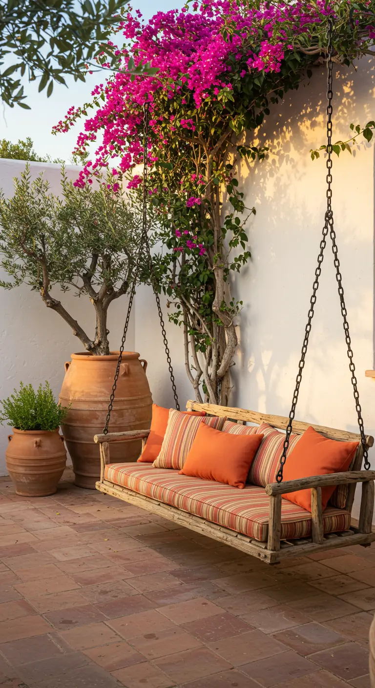 Houten schommelbank met oranje kussens onder een bougainvillea, olijfboom in terracotta pot.
