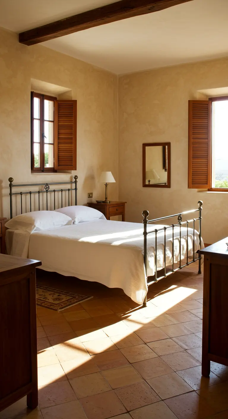 Mediterraanse slaapkamer met beige muren, terracotta vloer, gietijzeren bed en houten luiken.
