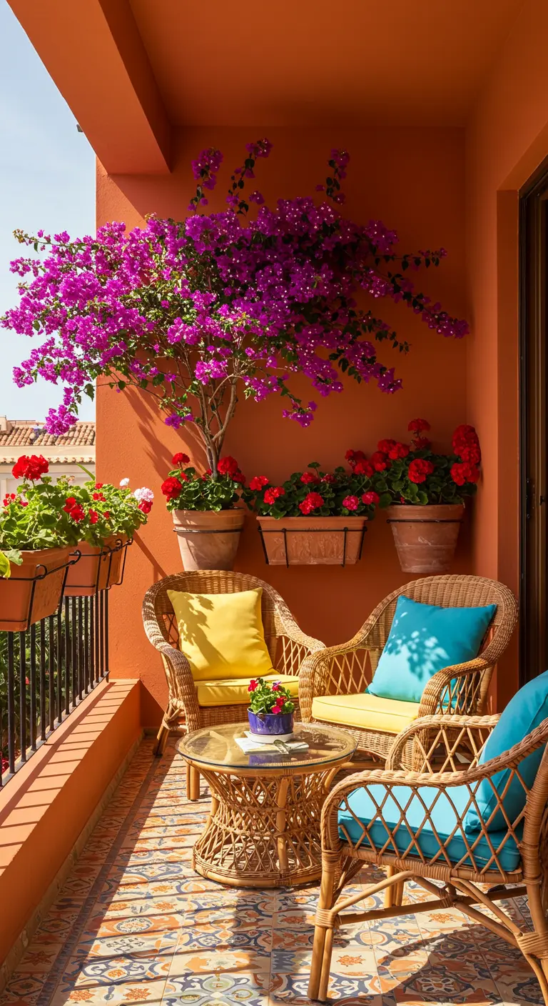 Lichte rieten stoelen met gele en blauwe kussens op een balkon met terracotta muur en bougainvillea.