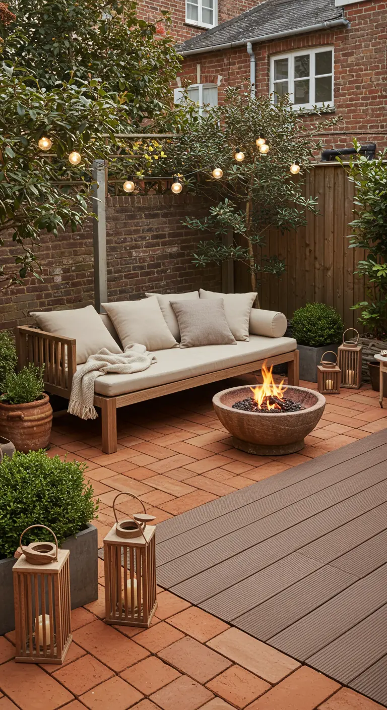 Kleine patio met terracotta tegels, houten daybed, vuurschaal en sfeerverlichting.