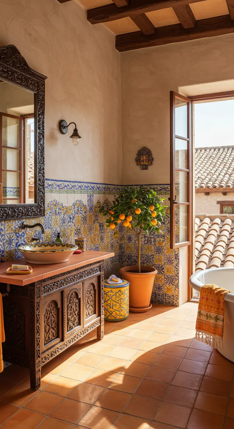 Badkamer met terracotta vloer, blauw-gele patroontegels, houten wastafelmeubel, citrusboom.