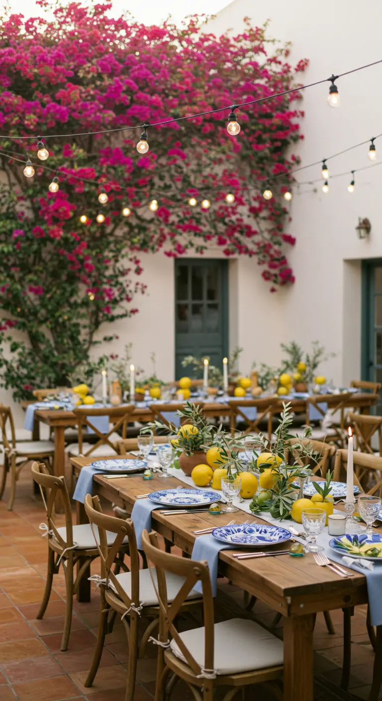 Mediterrane binnenplaats receptie met citroenen, blauwe accenten en stringlights.