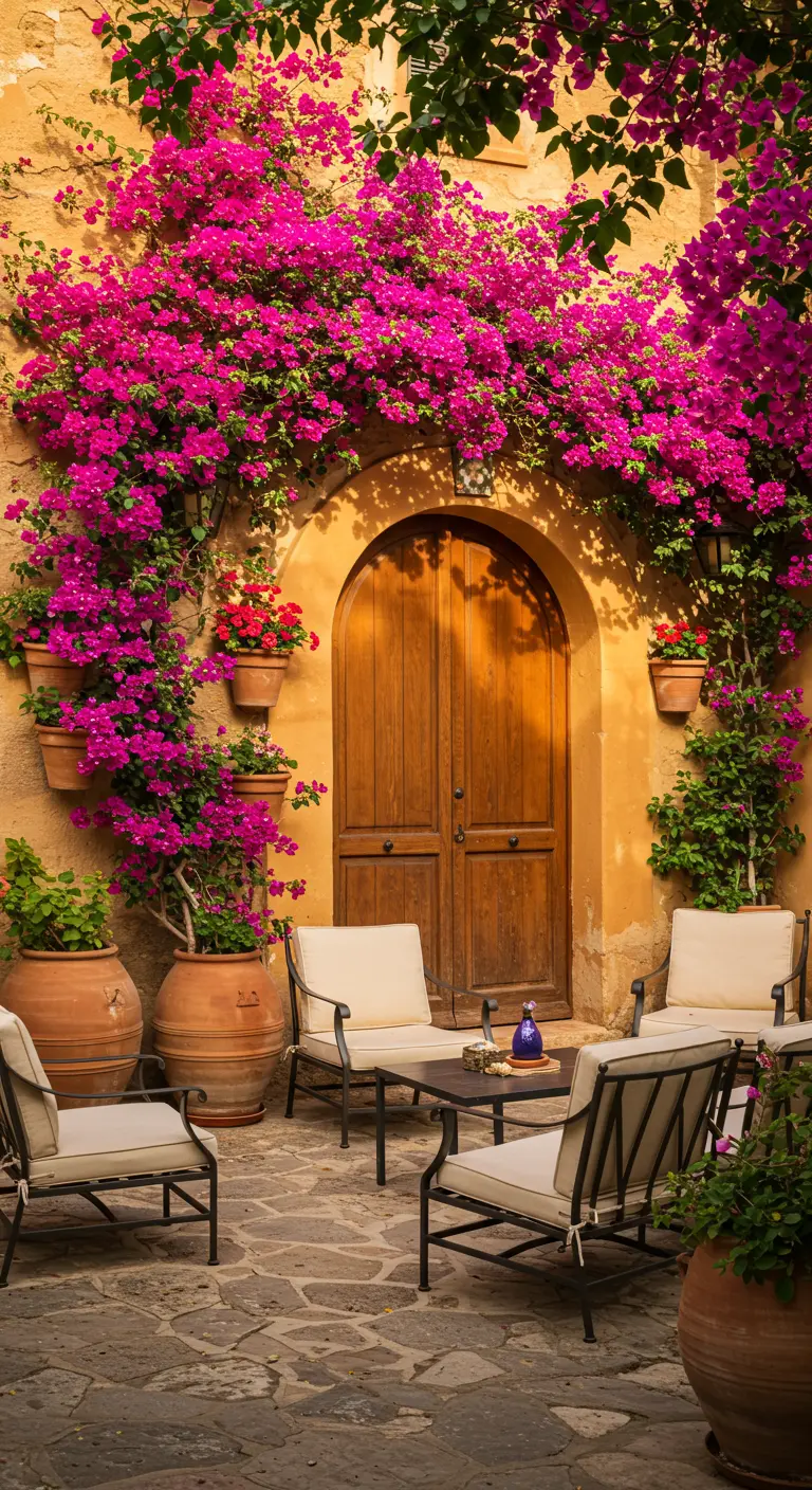 Bougainvillea klimplant groeit weelderig over een boog boven een houten deur.
