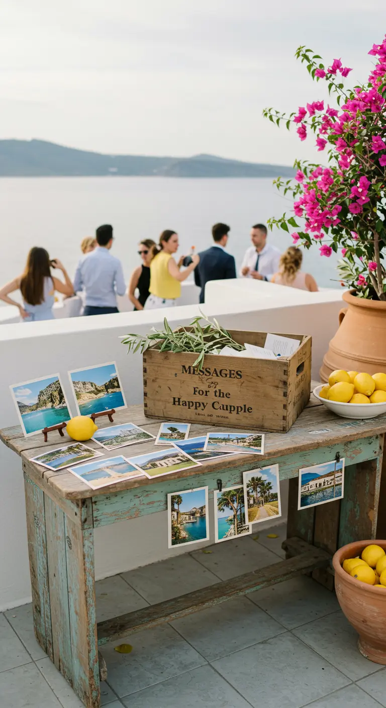 Mediterrane gastenboektafel met uitzicht, ansichtkaarten, citroenen en bougainvillea.