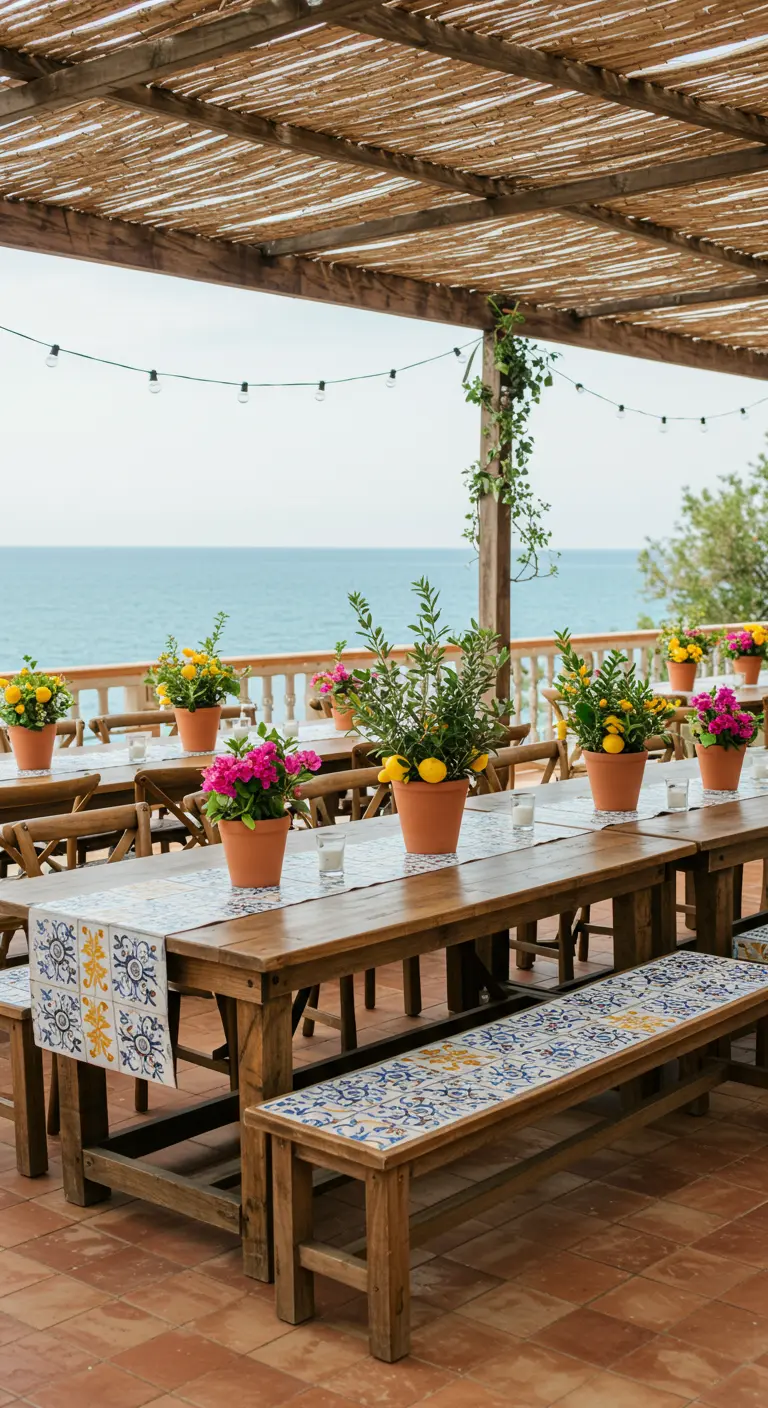 Mediterrane tafelschikking met citrusbomen in potten, tegelprint lopers en uitzicht op zee.