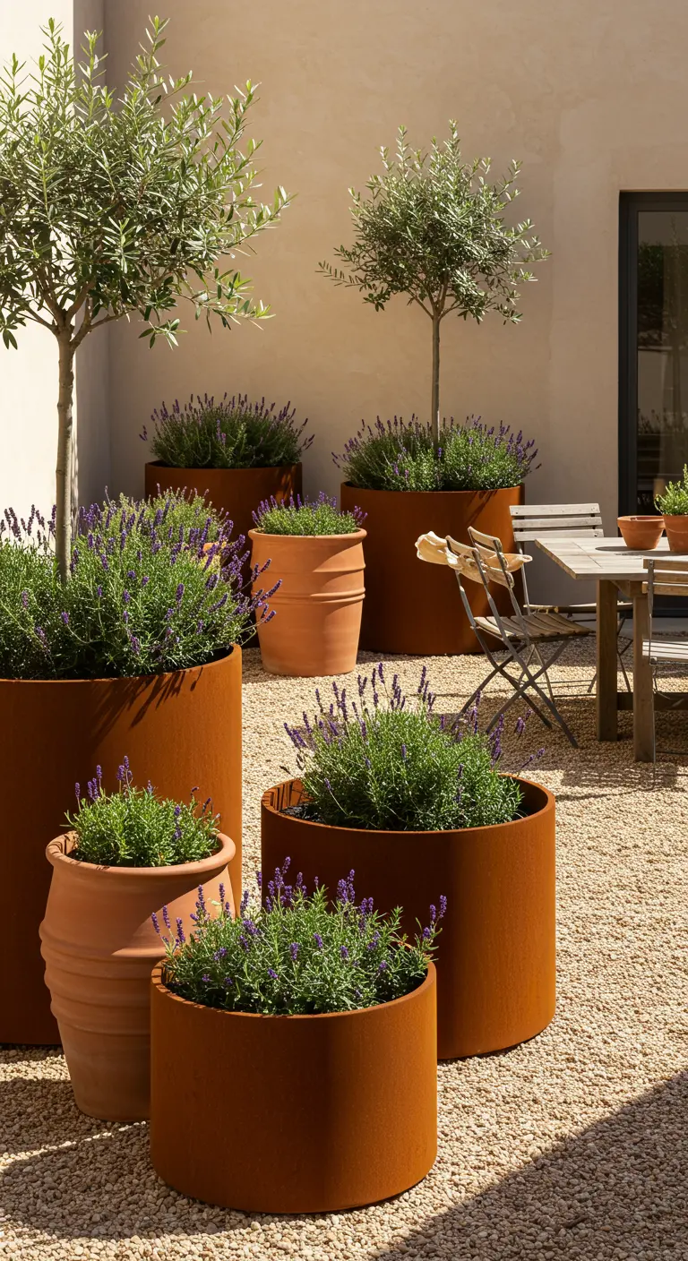 Terras met ronde cortenstalen potten, olijfbomen, lavendel en terracotta.