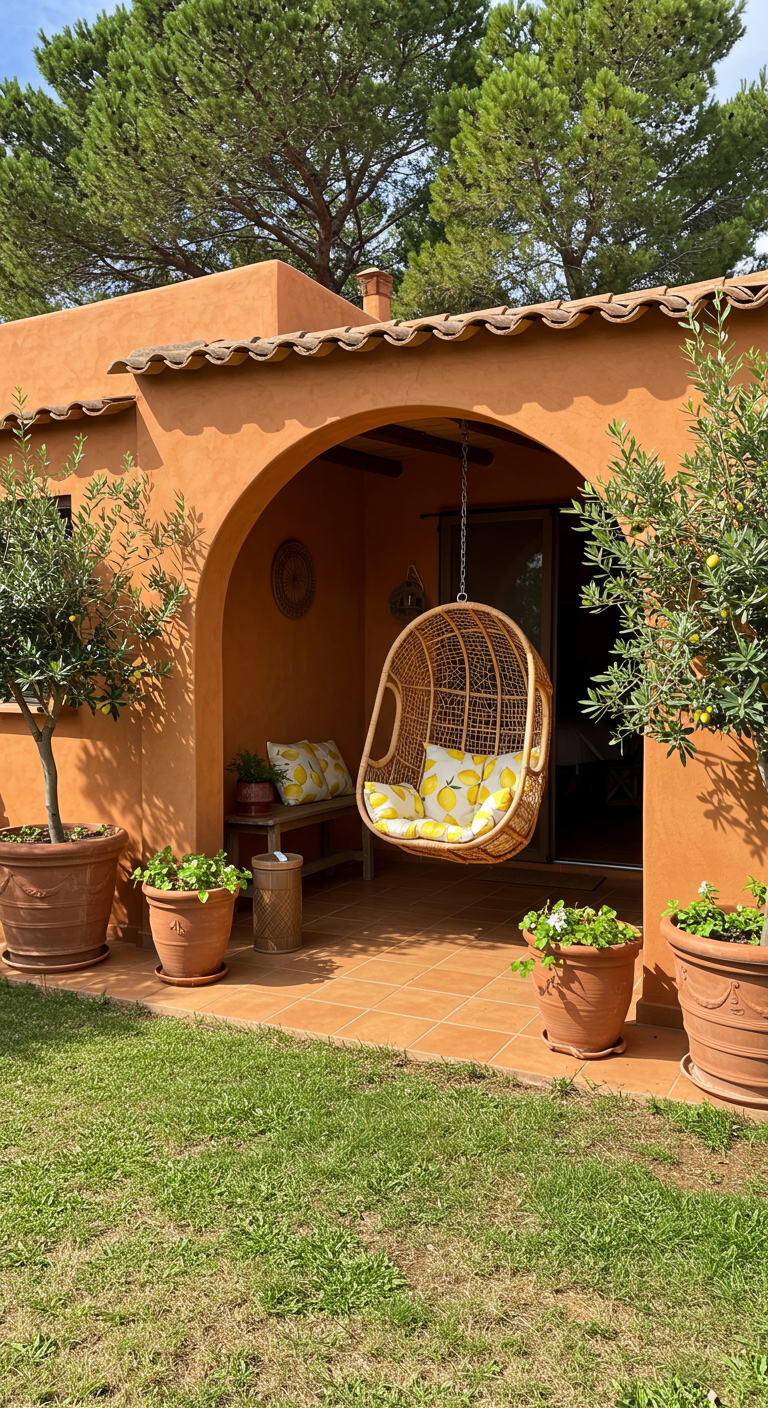 Rotan hangstoel met citroenkussens onder boogveranda van terracotta huis.