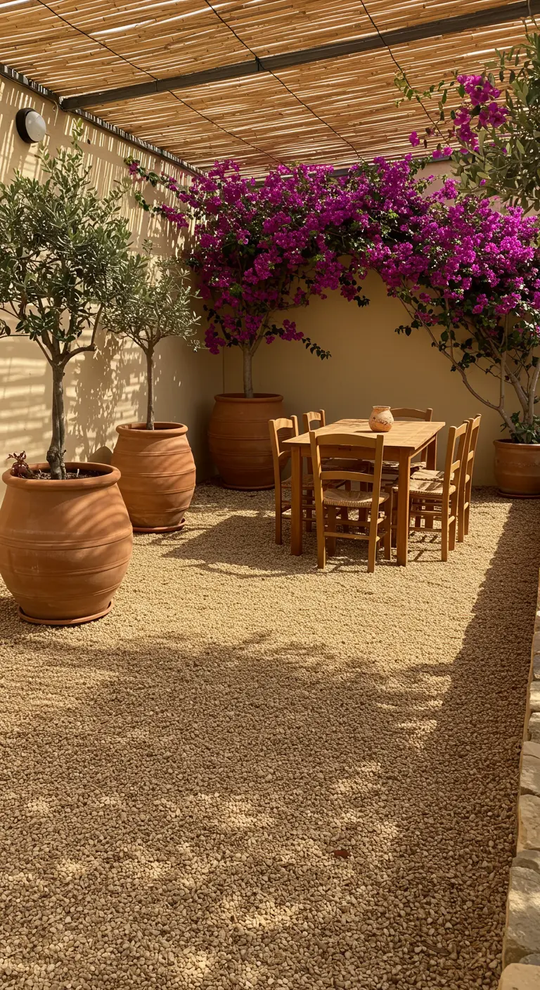 Mediterraan terras met grind, terracotta potten, olijfbomen en houten eettafel.