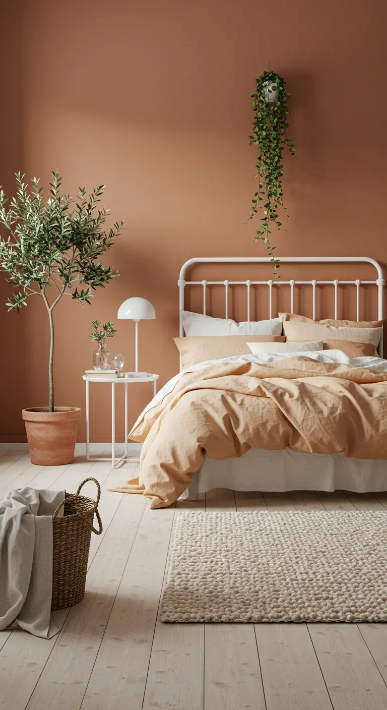 Slaapkamer met terracotta muur, wit metalen bed en een olijfboom.
