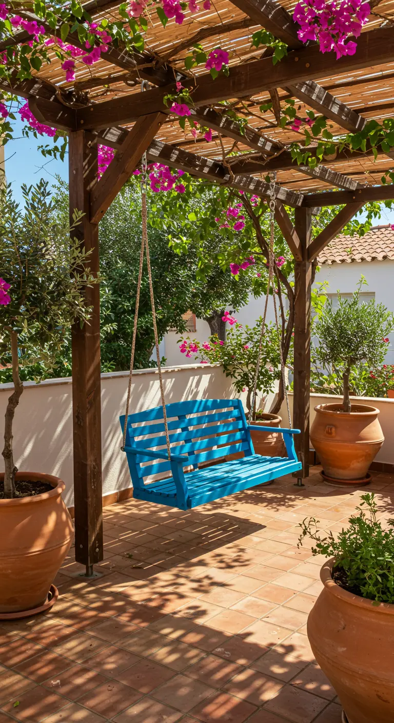 Azuurblauwe houten schommelbank onder een pergola met roze bougainville en terracotta potten.