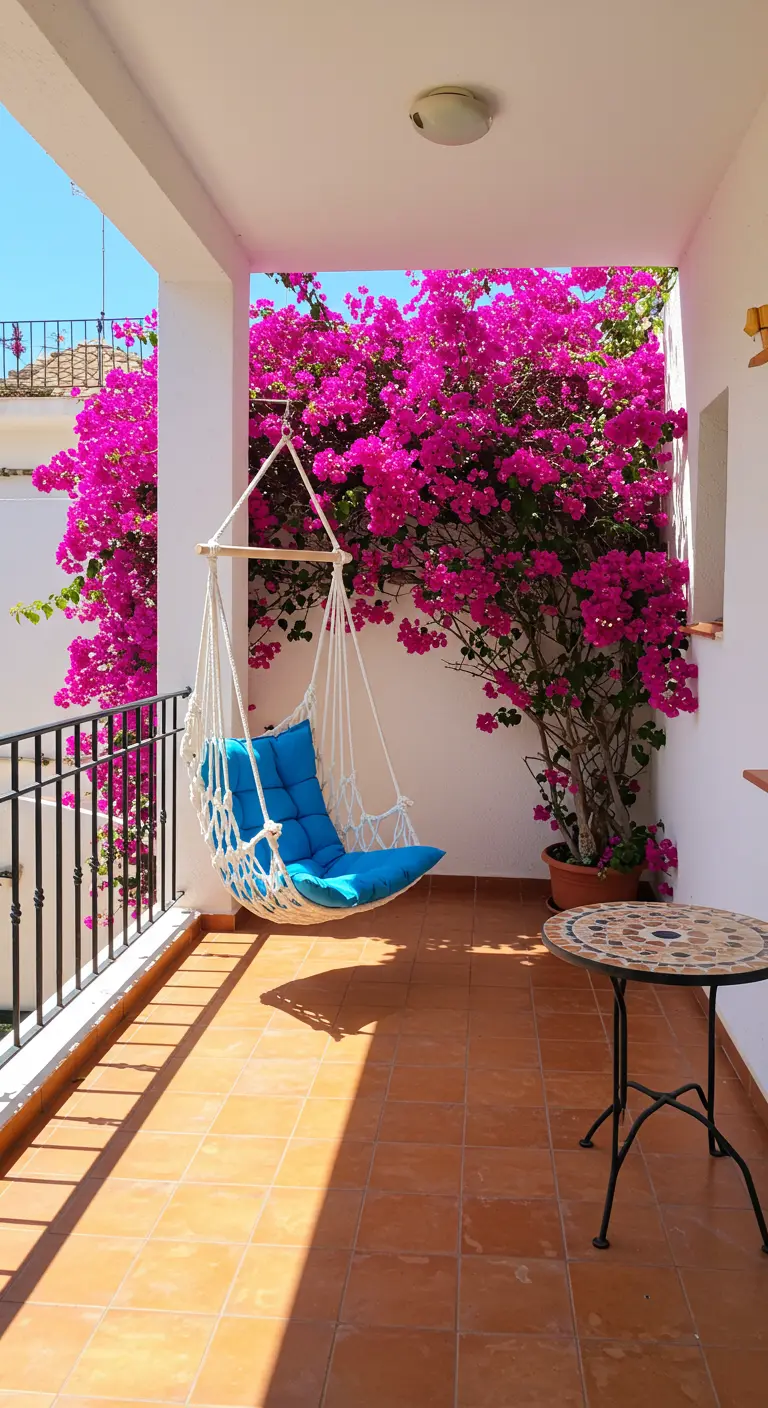 Sfeervol balkon 7 met macramé hangstoel en roze bloemen