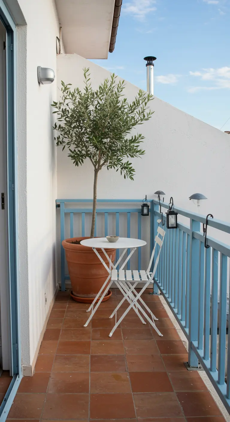 Wit metalen klapsetje op balkon met terracotta tegels, blauwe reling en grote olijfboom.