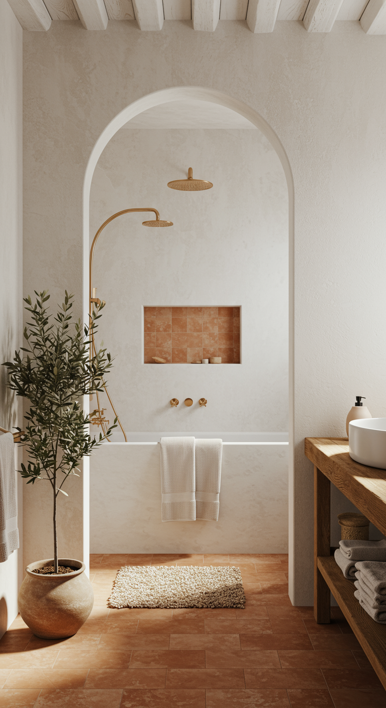 Badkamer in mediterrane stijl met gebogen doorgang, terracotta tegels en olijfboom.