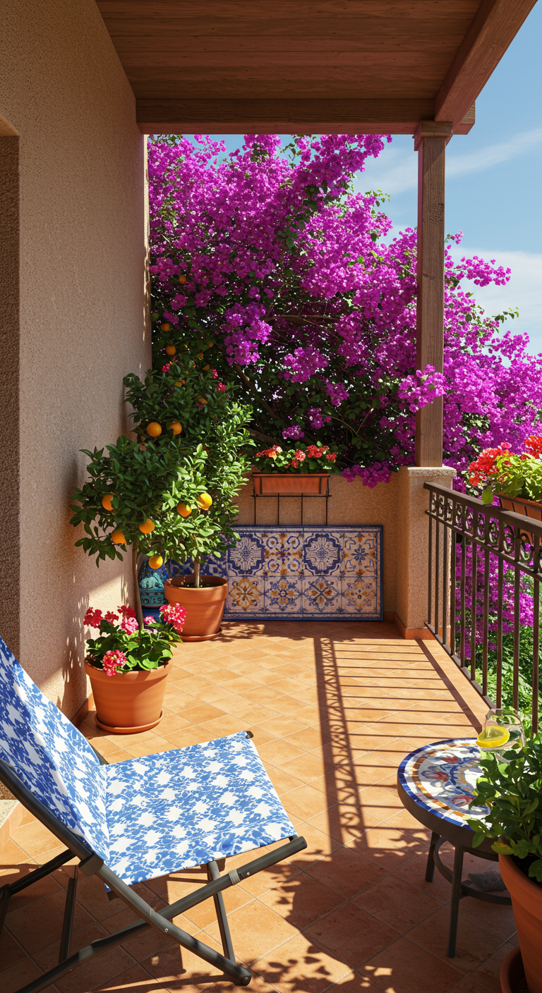 Zonnig balkon met terracotta potten, bloeiende planten, citrusboom en kleurrijke tegels.