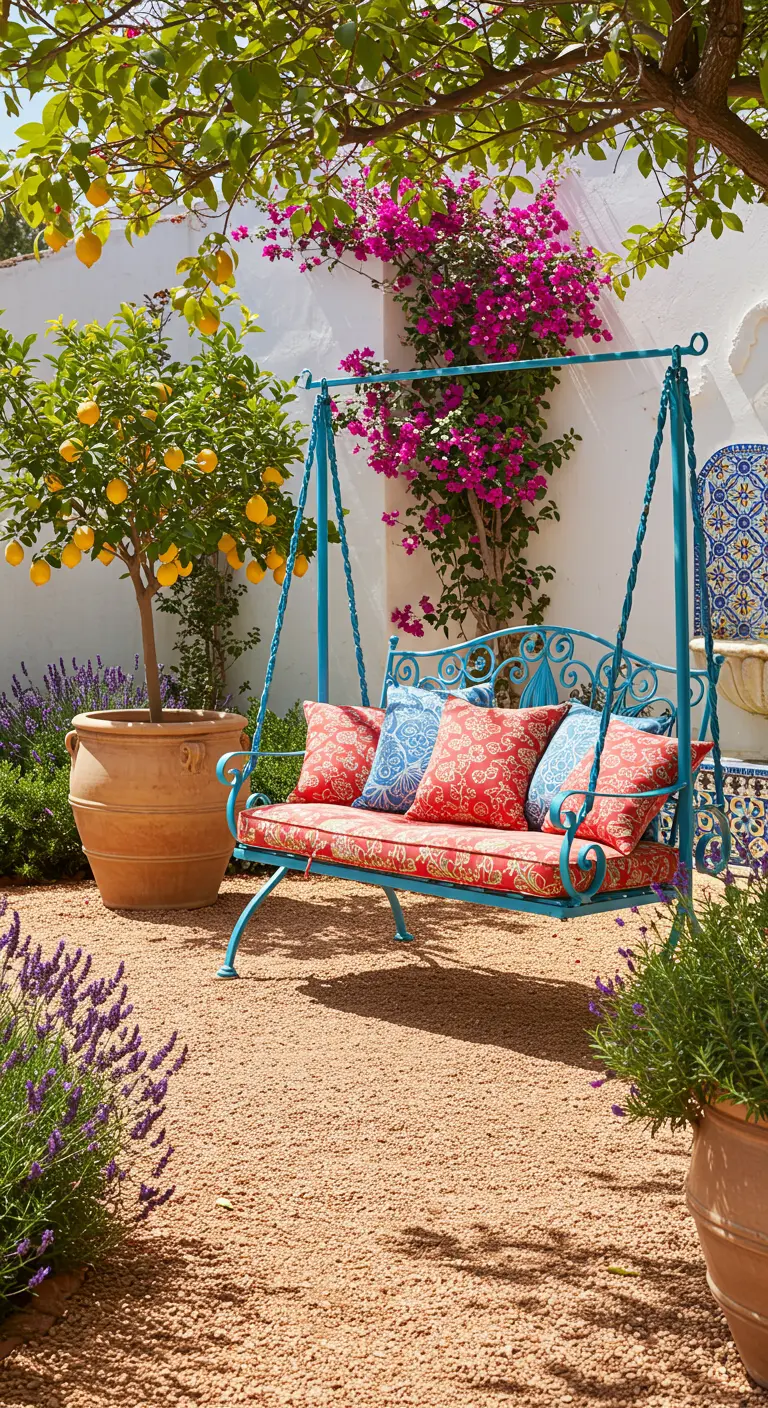 Turquoise schommelbank met rode en blauwe kussens, onder een citroenboom en bougainvillea.