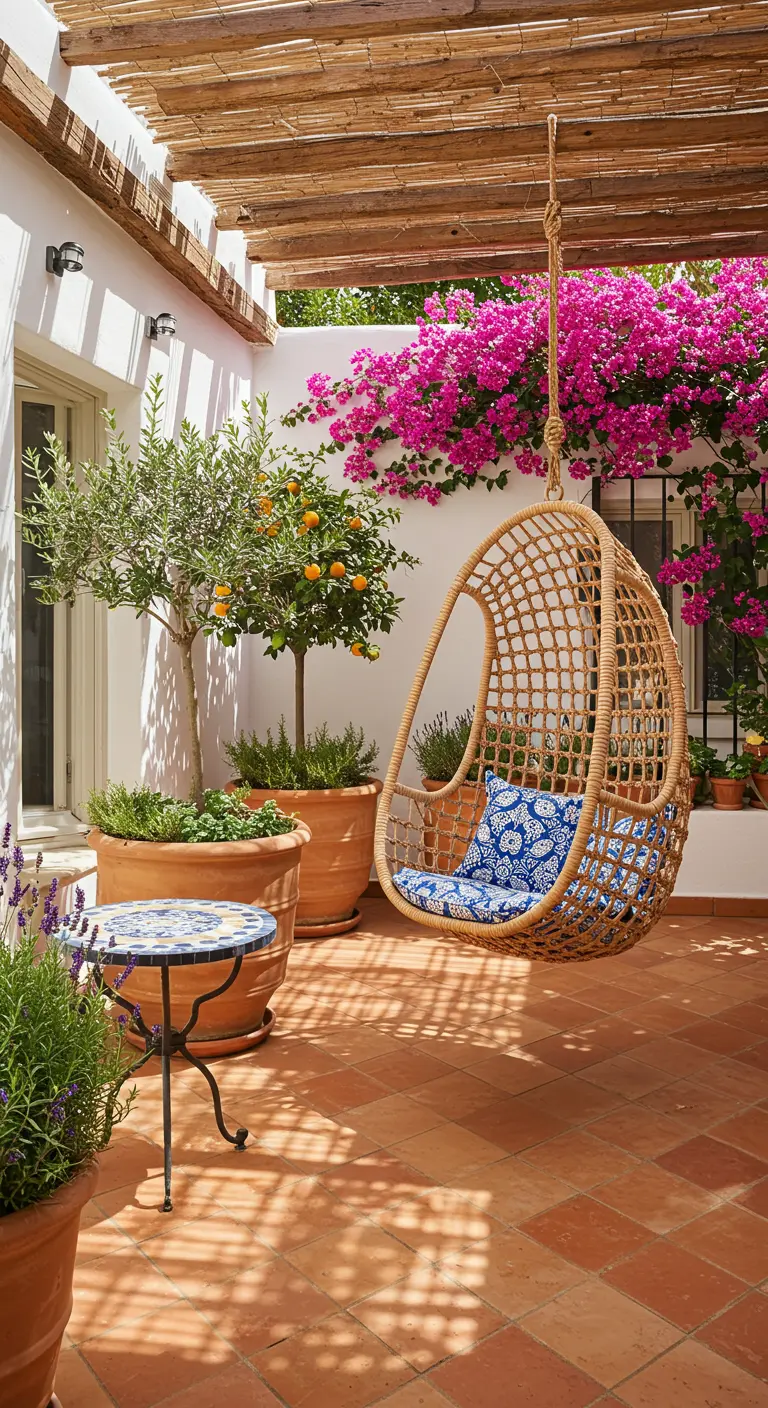 Rotan hangstoel op terras met terracotta tegels, bougainville, olijfboom en citrusboom.