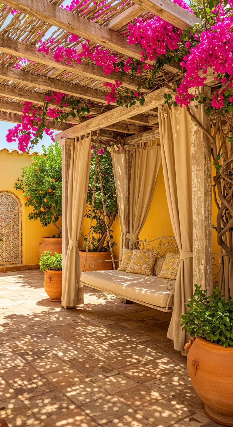 Mediterraanse patio met schommelbank onder pergola, roze bougainvillea, gordijnen en terracotta potten.