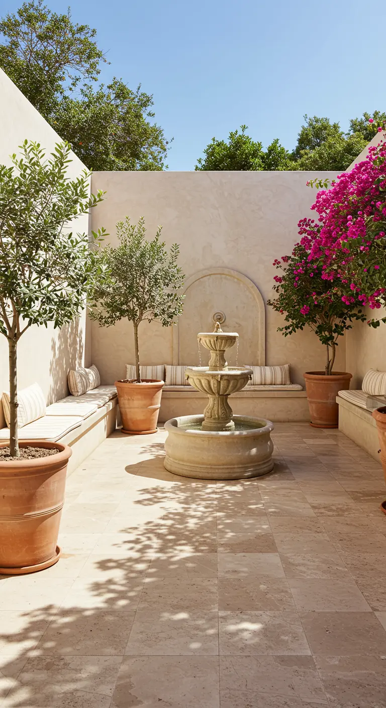 Mediterrane patio met witte betonnen banken, terracotta potten, olijfbomen en een fontein.