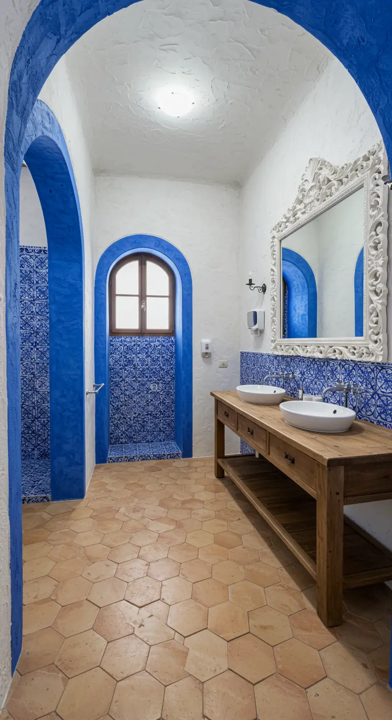 Mediterrane badkamer met blauw-witte patroontegels, terracotta vloer en houten meubel.