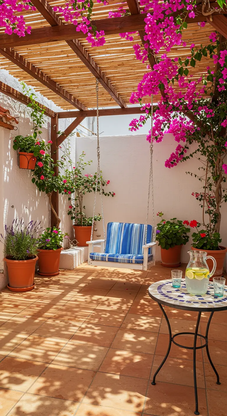 Witte schommelbank onder pergola met roze bougainvillea op zonnige patio.