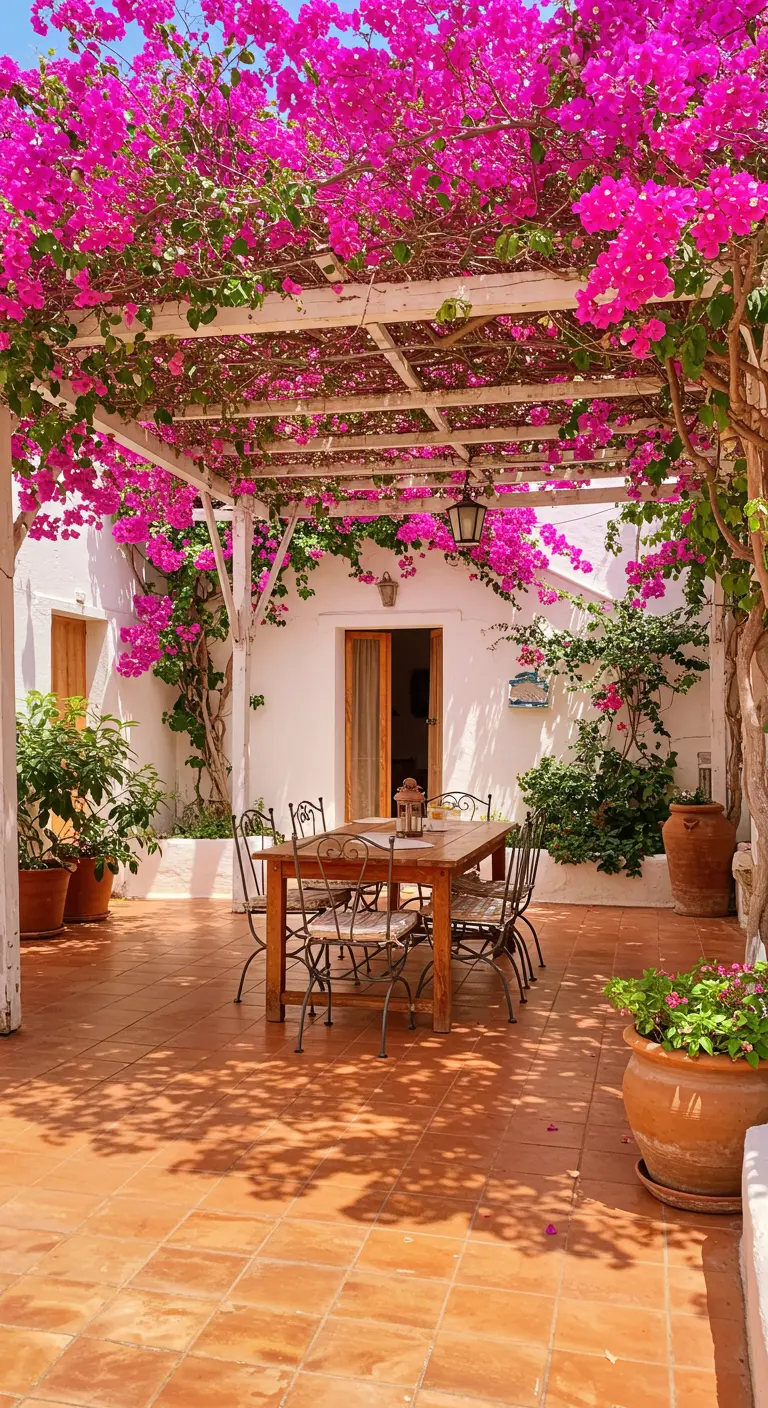 Wit houten pergola met roze bougainville boven eettafel op terras met terracotta tegels.