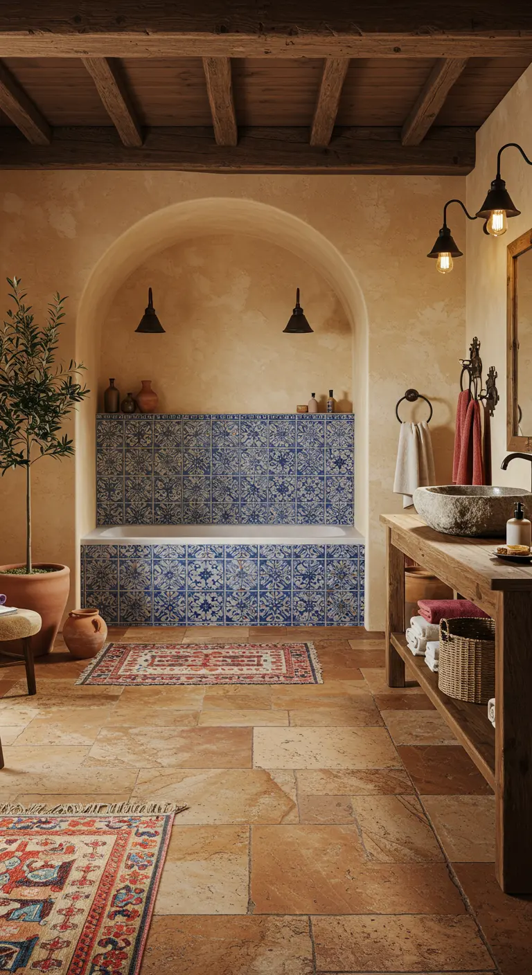 Mediterrane badkamer met terracotta vloertegels en nis met blauw-witte tegels.