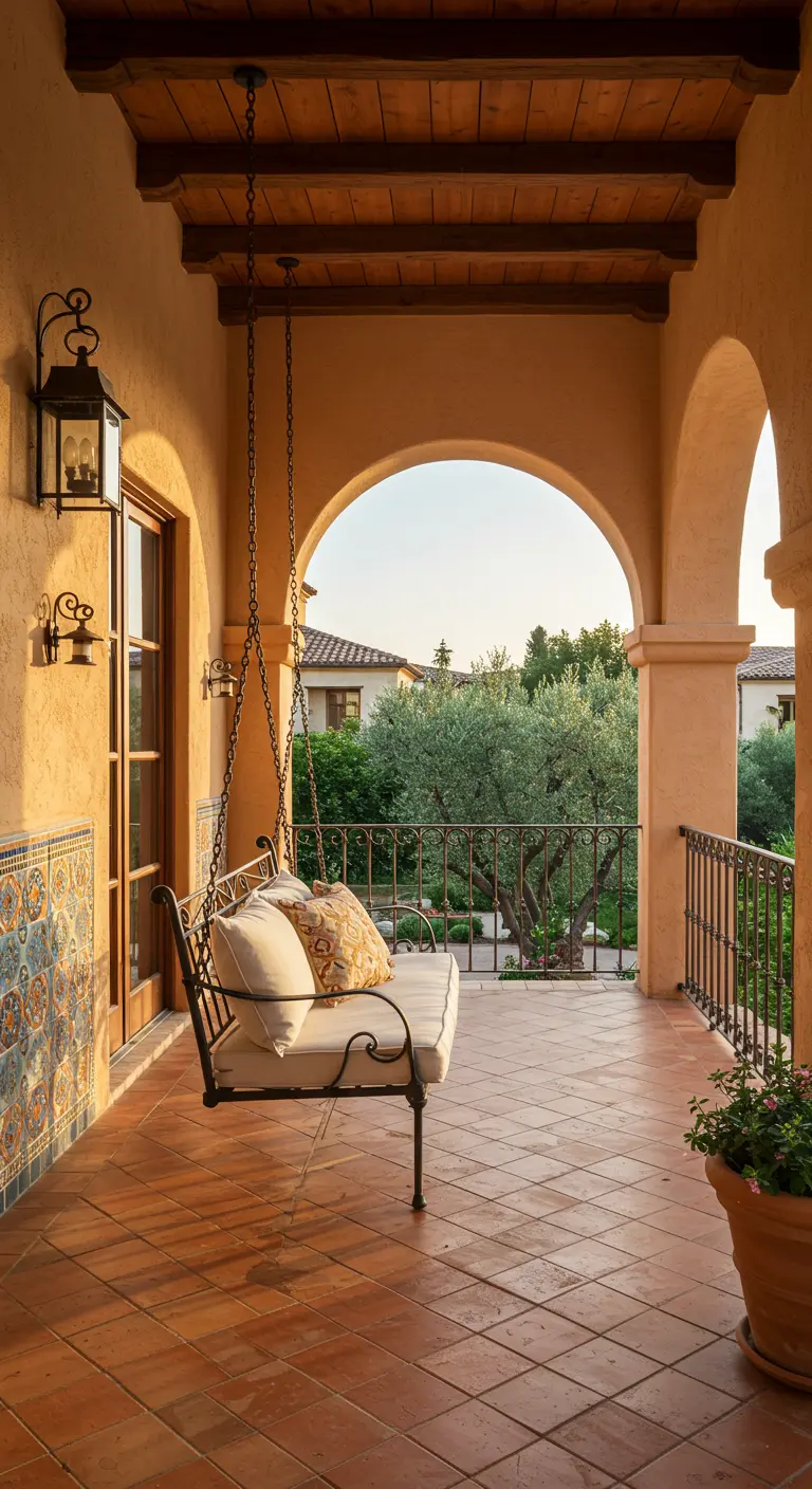 Smeedijzeren schommelbank op mediterrane veranda met terracotta tegels en bogen.