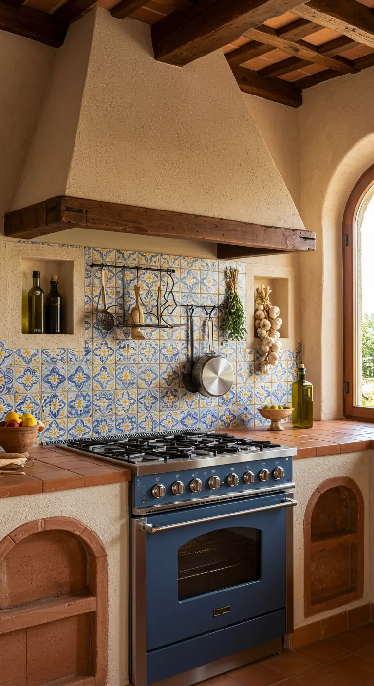 Mediterraan fornuis met blauw-gele tegels, terracotta en nissen voor kruiden.