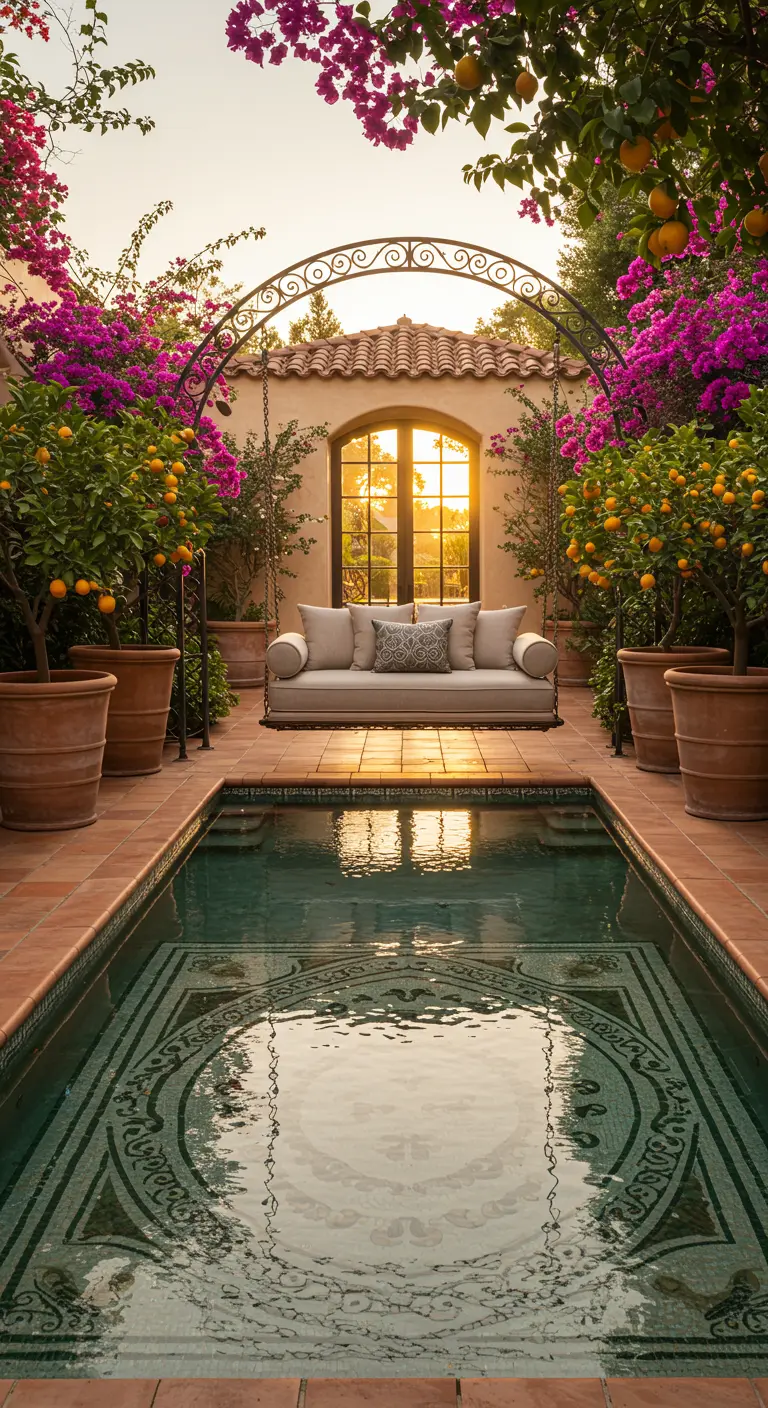 Elegante schommelbank met lichte kussens boven een mozaïek zwembad, omgeven door mediterrane planten en bogen.