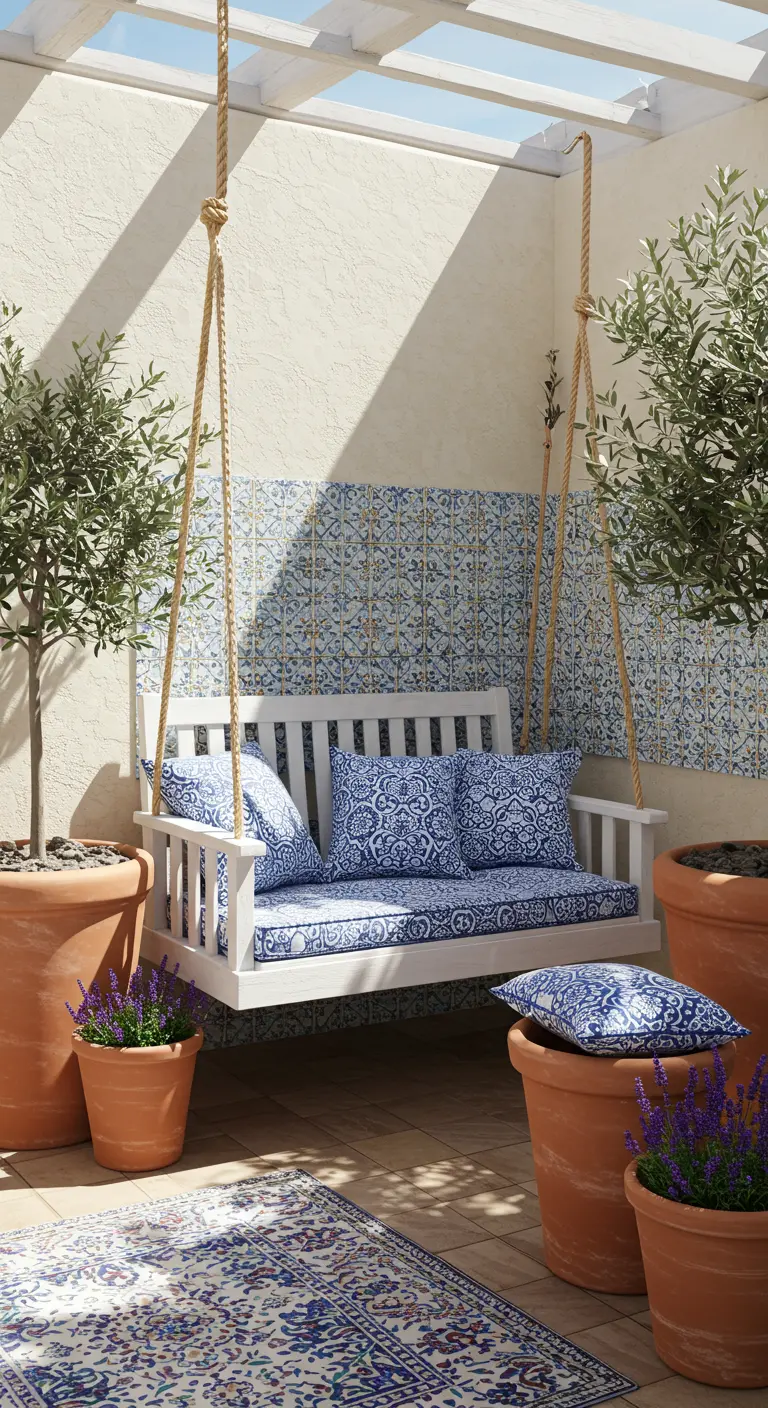 Witte houten schommelbank met blauw-witte kussens onder een pergola, met olijfbomen en lavendel.