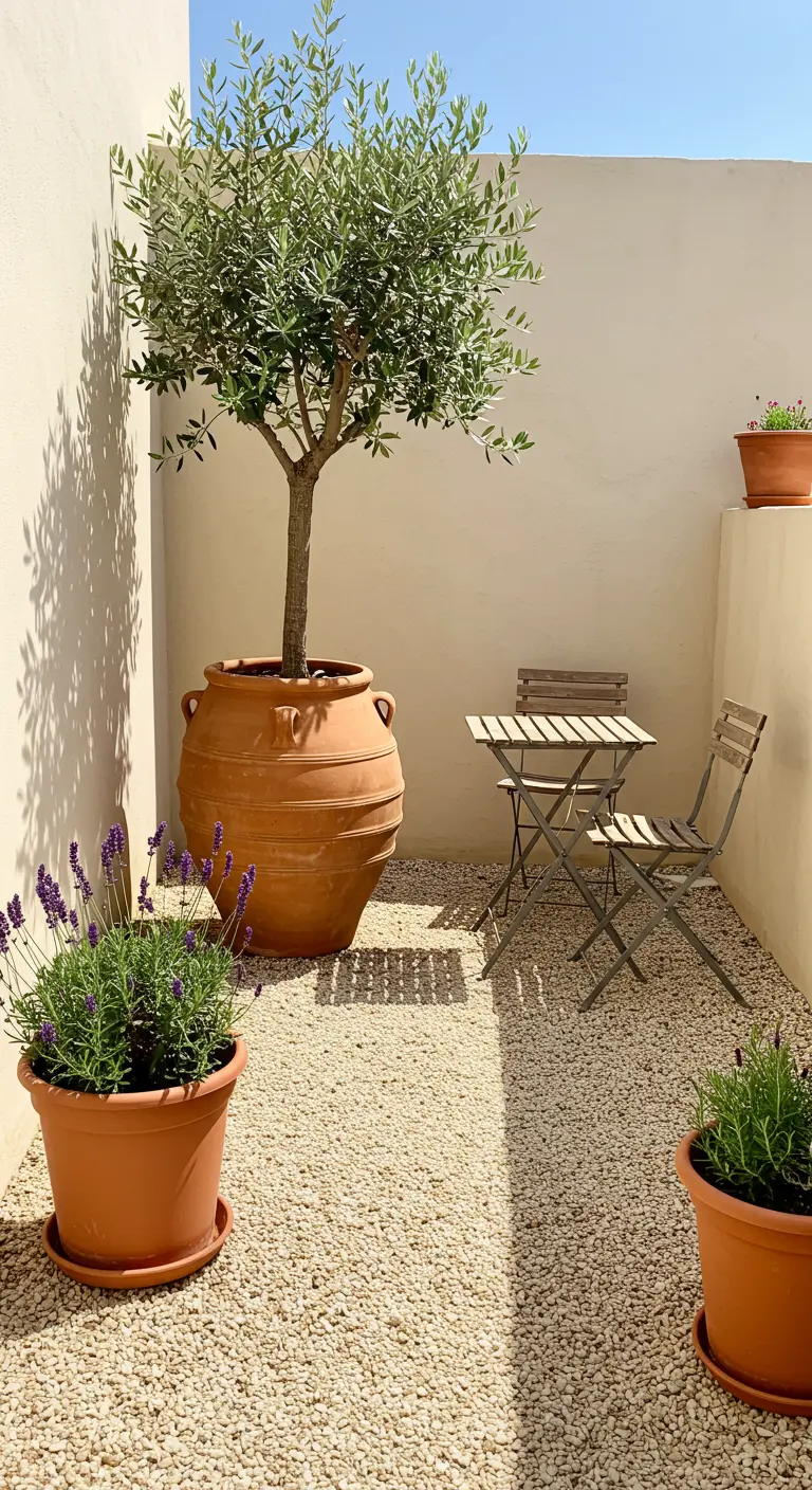 Zonnige patio met licht grind, olijfboom en lavendel in terracotta potten, en een houten bistroset.