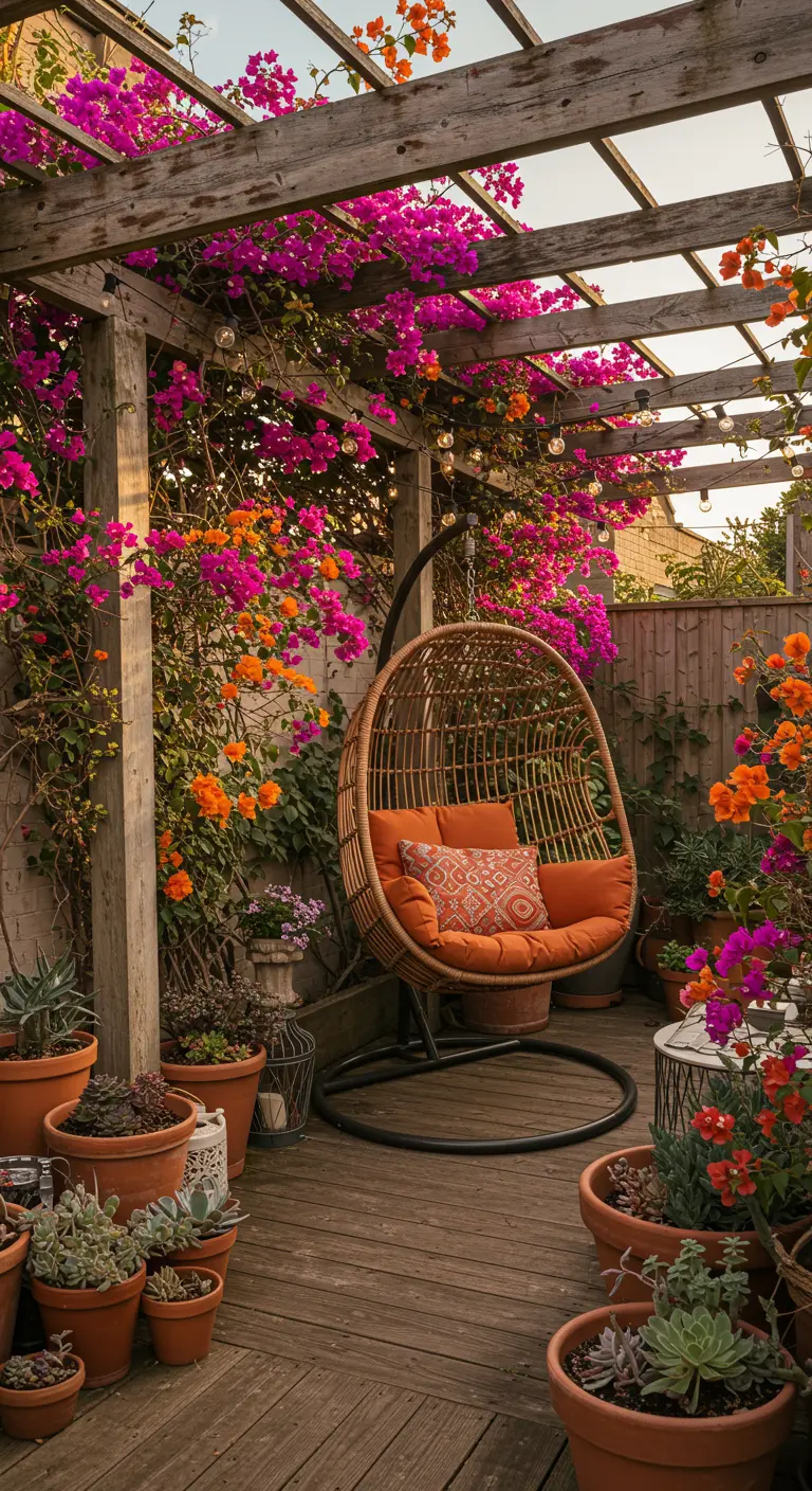 Houten pergola met roze en oranje bougainvillea, een rotan hangstoel en terracotta potten.
