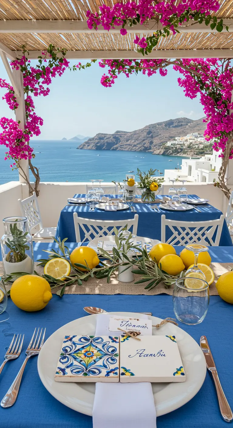 Mediterraan gedekte tafel met blauw tafelkleed, citroenen, olijftakken en gepersonaliseerde tegeltjes.